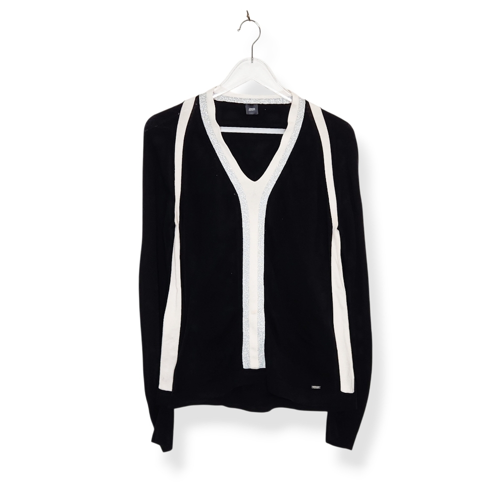 Joop! Women's Black White Silver Pullover V-Neck Sweater Size Large